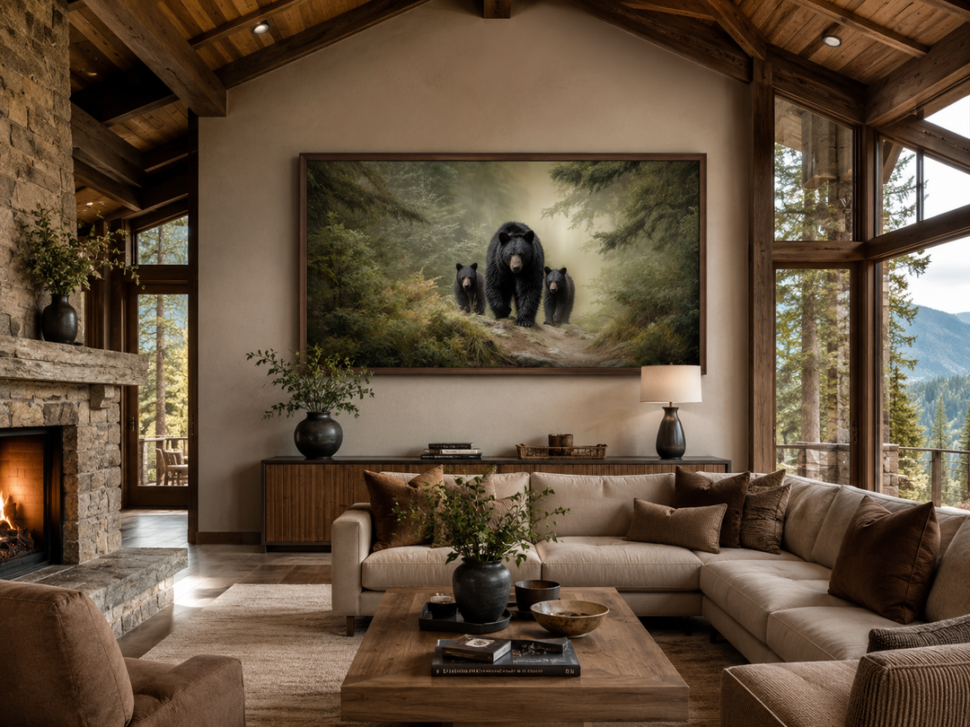 Mama Bear and Cubs in Pine Forest canvas wall art displayed above a sofa in a rustic cabin living room.