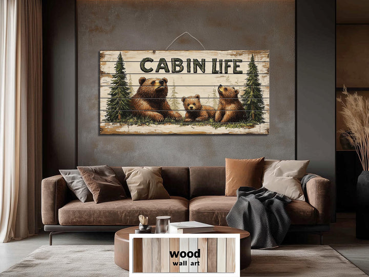 Mama Bear and Cubs Cabin Life Sign Real Wood Wall Art