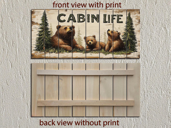 Mama Bear and Cubs Cabin Life Sign Real Wood Wall Art