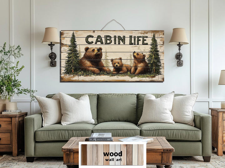 Mama Bear and Cubs Cabin Life Sign Real Wood Wall Art