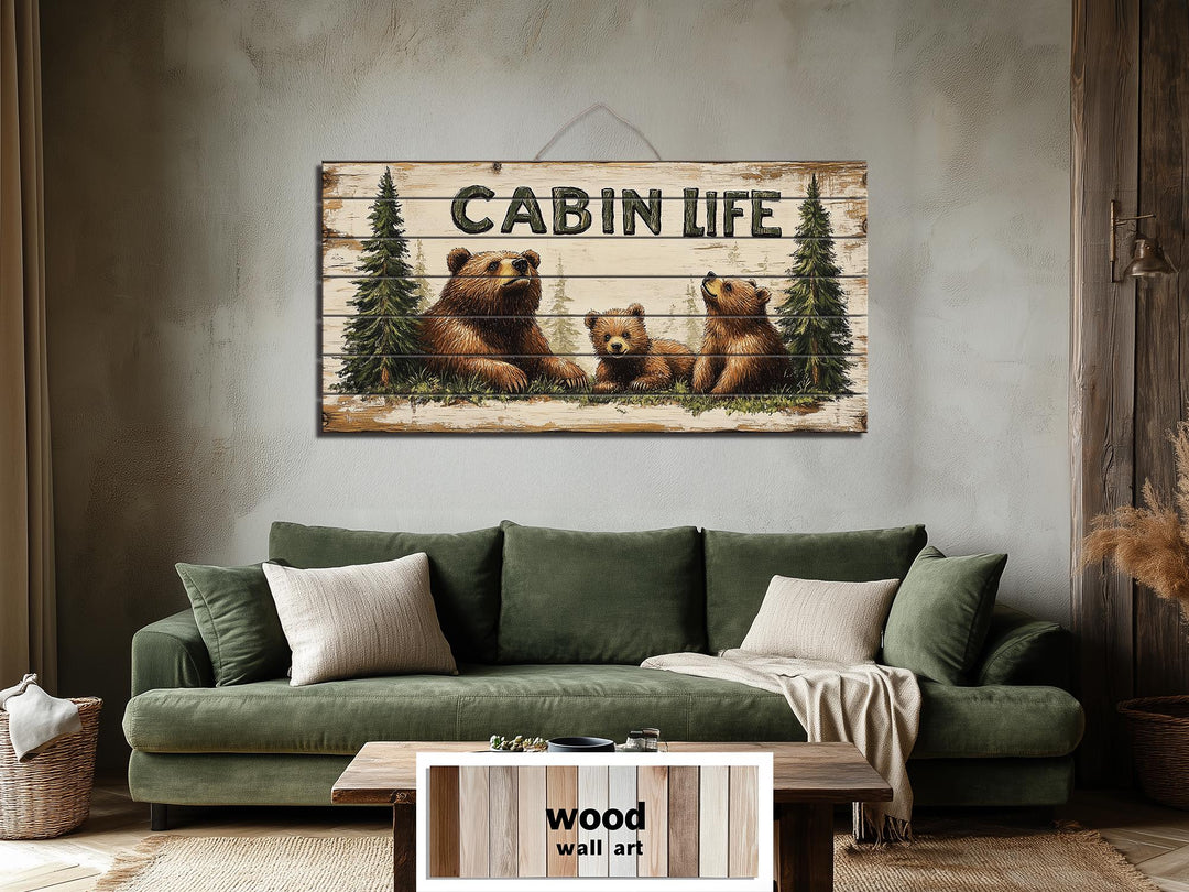 Mama Bear and Cubs Cabin Life Sign Real Wood Wall Art