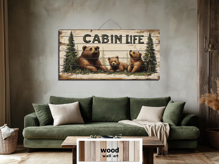 Mama Bear and Cubs Cabin Life Sign Real Wood Wall Art