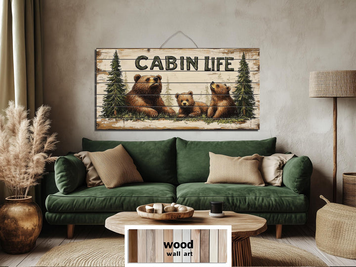 Mama Bear and Cubs Cabin Life Sign Real Wood Wall Art