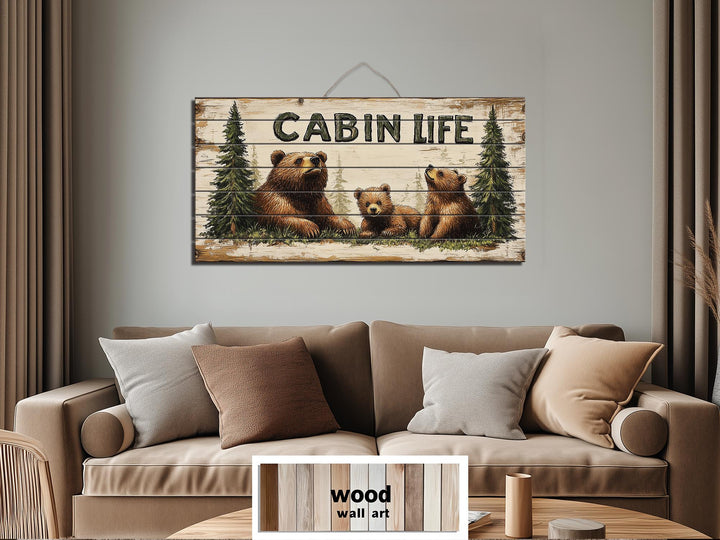 Mama Bear and Cubs Cabin Life Sign Real Wood Wall Art