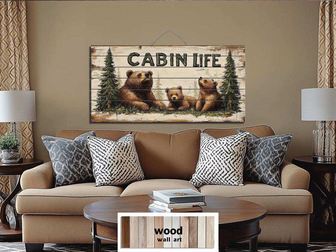 Mama Bear and Cubs Cabin Life Sign Real Wood Wall Art