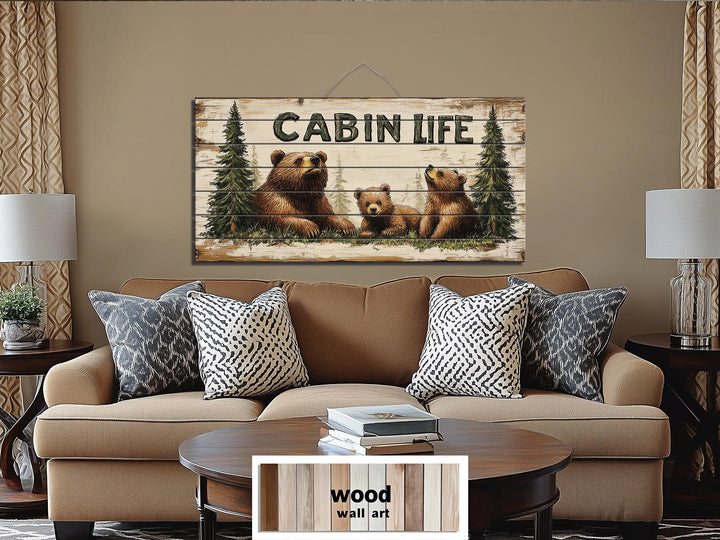 Mama Bear and Cubs Cabin Life Sign Real Wood Wall Art