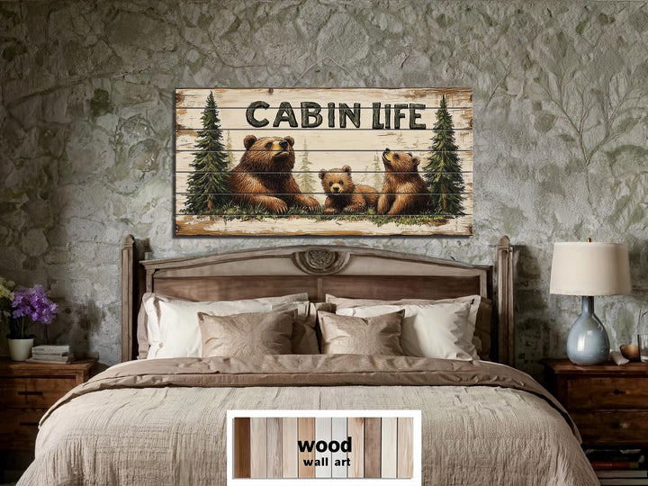 Mama Bear and Cubs Cabin Life Sign Real Wood Wall Art