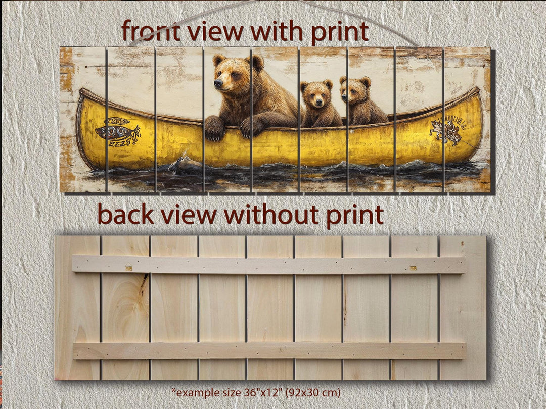 Mama bear and cubs in a yellow canoe printed on horizontal wooden planks with a back view.
