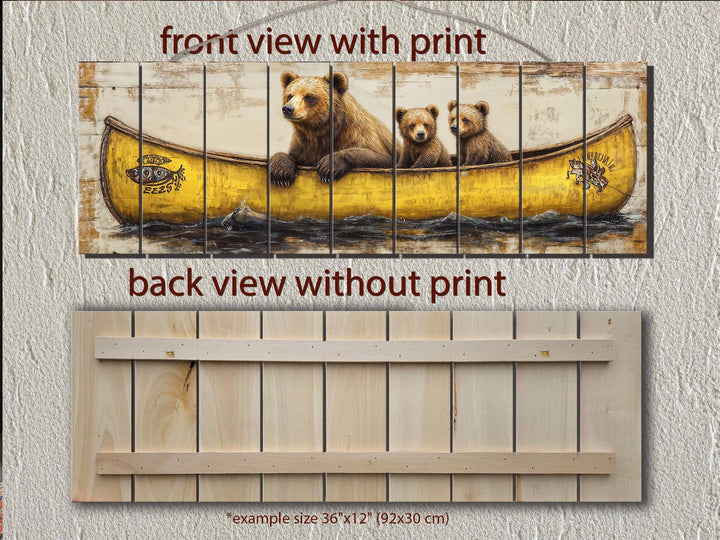 Mama bear and cubs in a yellow canoe printed on horizontal wooden planks with a back view.