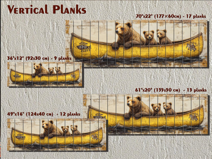 Horizontal wood wall art featuring a mama bear and cubs in a yellow canoe on real wooden planks.