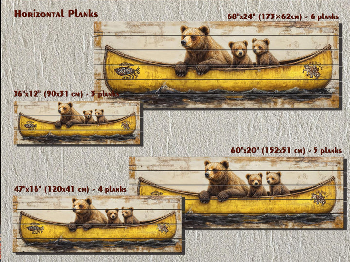 Mama bear and cubs in a yellow canoe printed on horizontal wood planks in four available sizes.