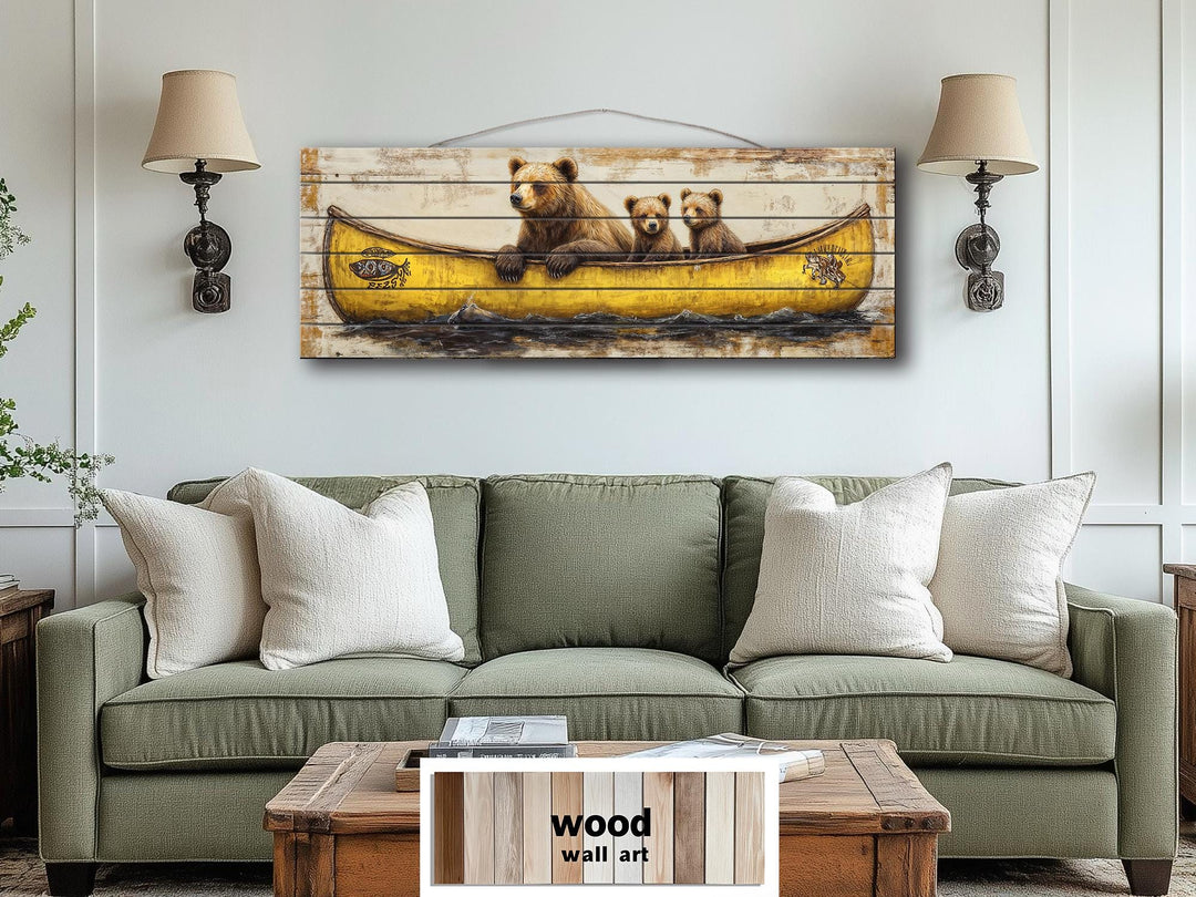 Mama bear and cubs in a yellow canoe printed on horizontal wood planks for rustic wall art.