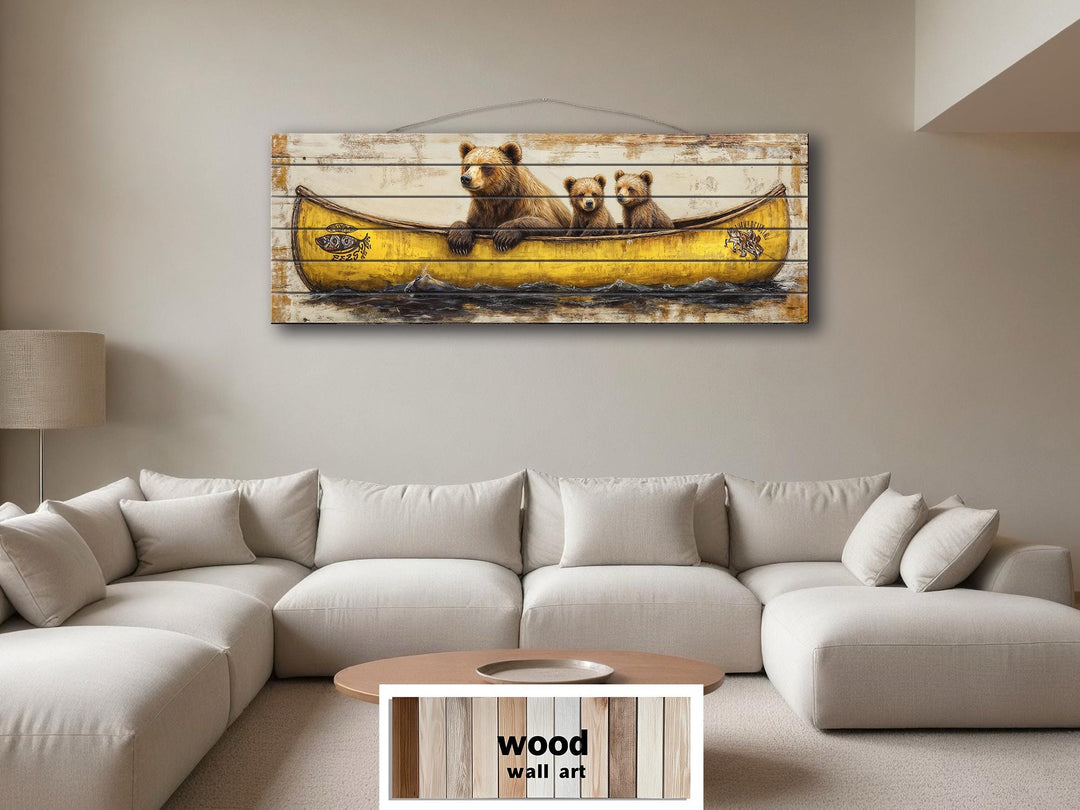 Large horizontal wood wall art featuring a mama bear and two cubs in a yellow canoe.