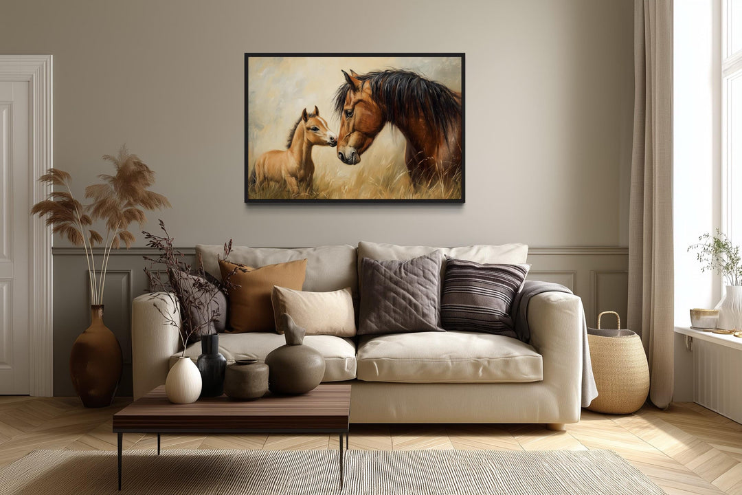 Mama Horse And Foal Framed Canvas Wall Art