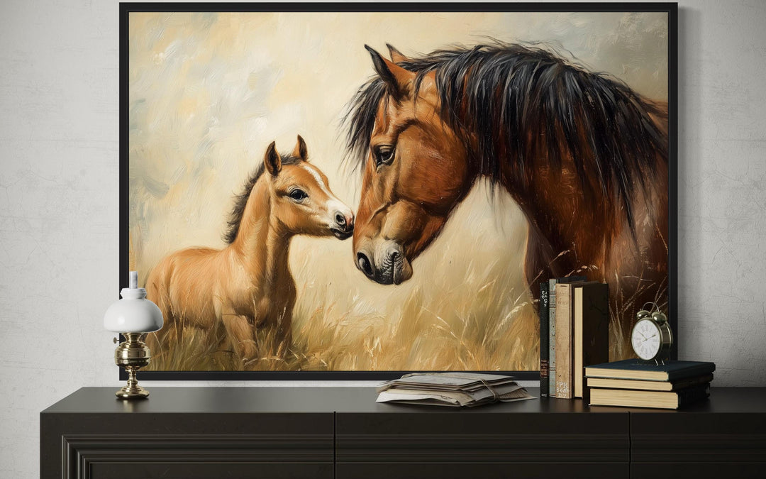 Mama Horse And Foal Framed Canvas Wall Art