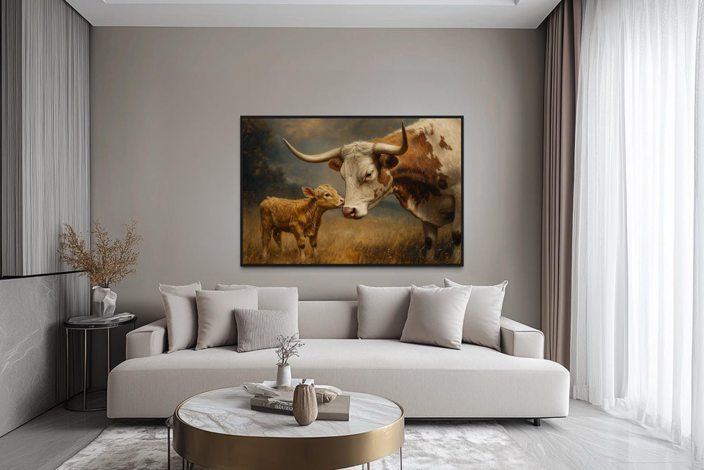 Mama Longhorn Cow And Calf Canvas Wall Art