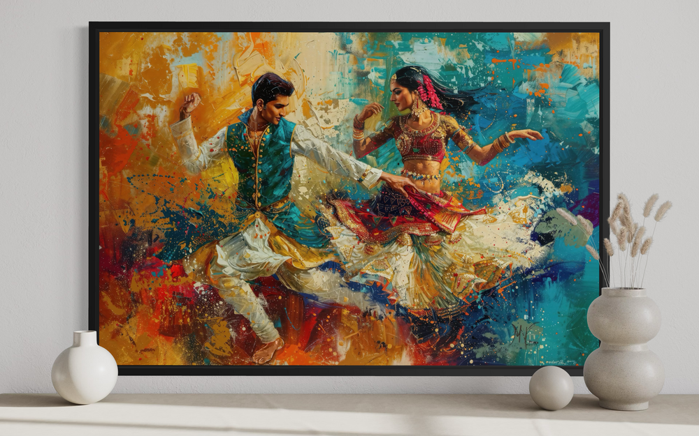 Framed canvas wall art of a man and woman in traditional attire dancing in a vibrant Bollywood style.