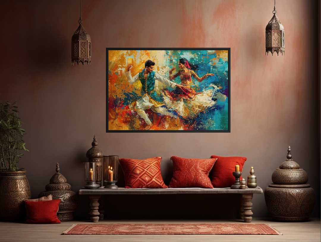 Framed canvas wall art featuring a man and woman in a vibrant, colorful Bollywood dance scene.