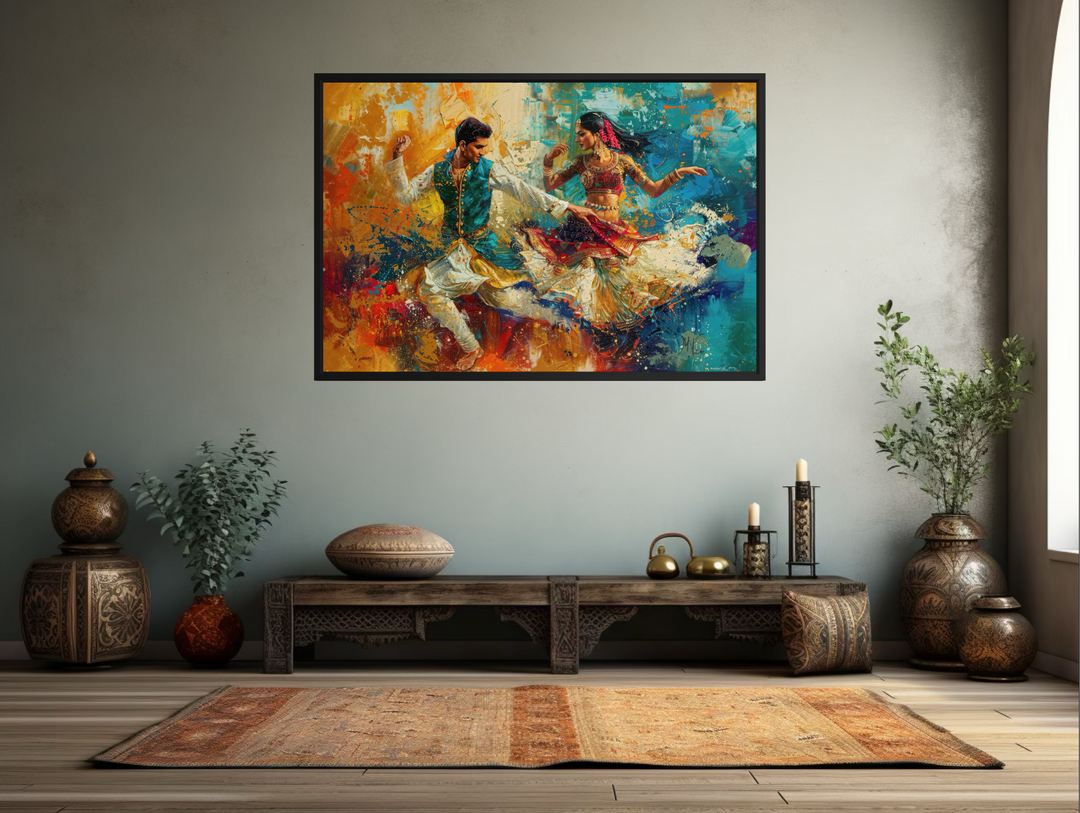Framed canvas wall art featuring a man and woman in a vibrant, colorful Bollywood dance scene.