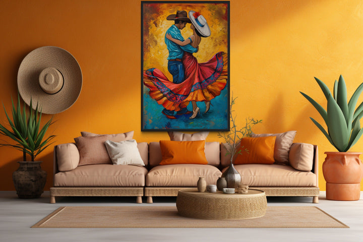 Man And Woman Dancing Mexican Framed Canvas Wall Art