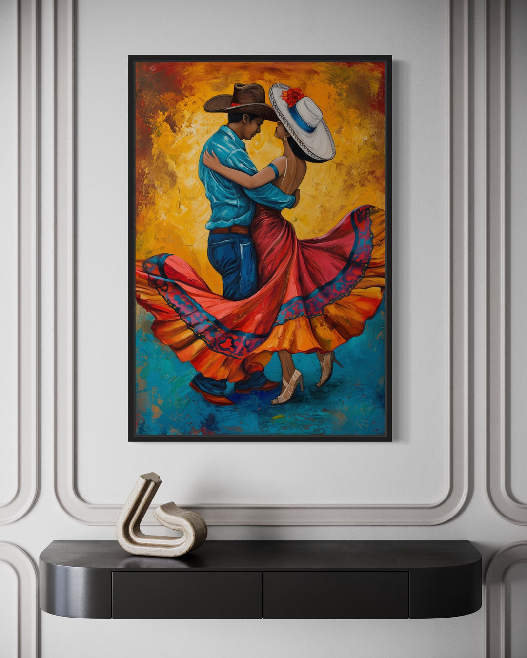 Man And Woman Dancing Mexican Framed Canvas Wall Art