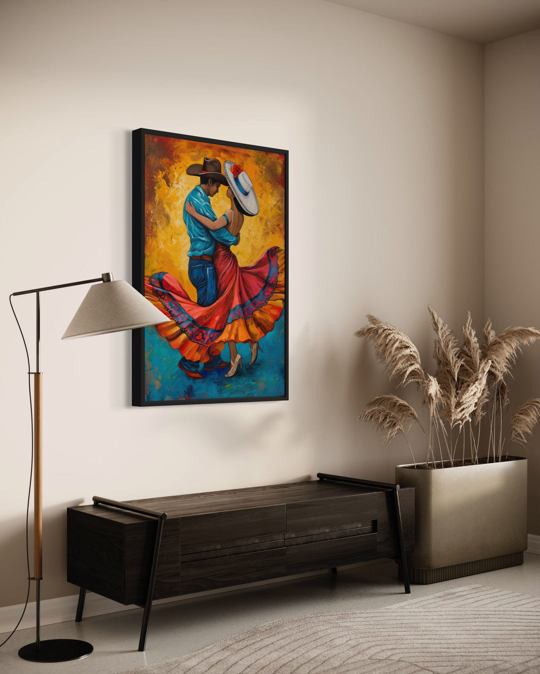 Man And Woman Dancing Mexican Framed Canvas Wall Art