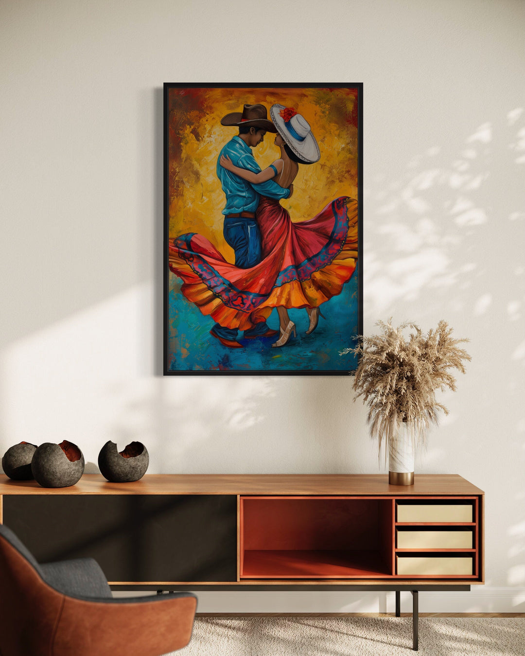 Man And Woman Dancing Mexican Framed Canvas Wall Art