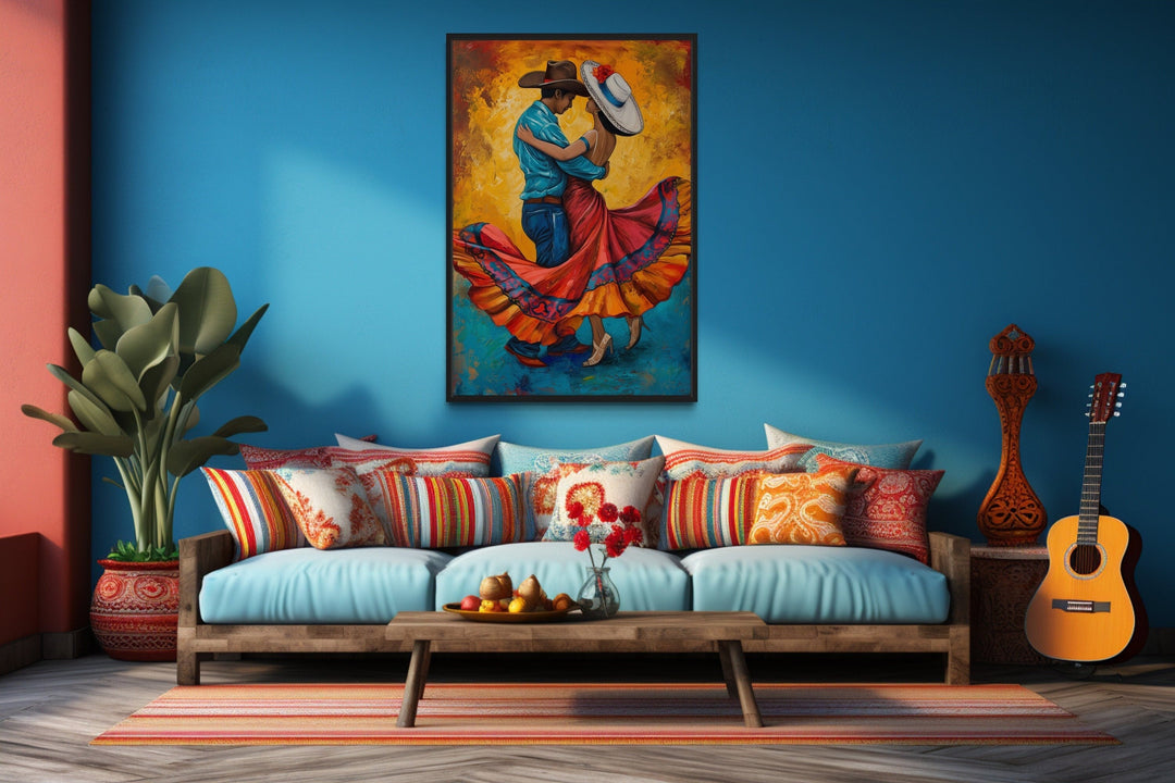 Man And Woman Dancing Mexican Framed Canvas Wall Art