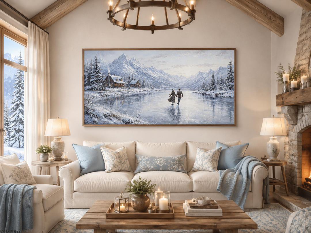 Framed canvas wall art of a man and woman skating on a frozen lake with snow-capped mountains.