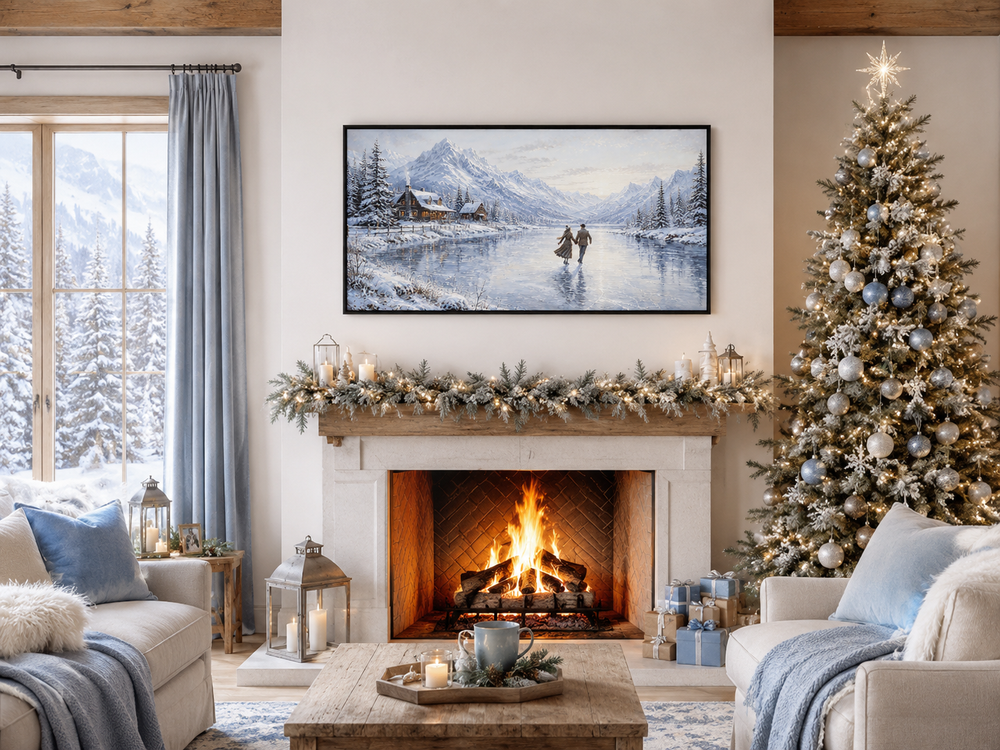 Framed canvas wall art of a man and woman skating on a frozen lake with snow-capped mountains.