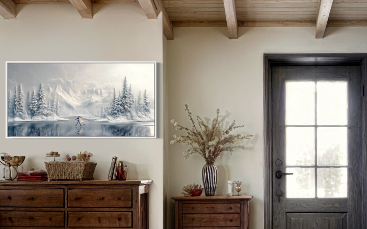 Man And Woman Skating On Frozen Lake Winter Framed Canvas Wall Art