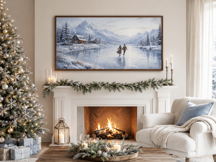 Man and woman skating on a frozen lake framed canvas wall art above a cozy fireplace.