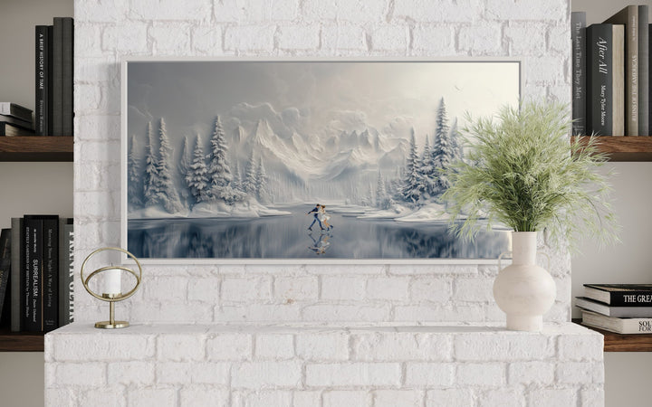 Man And Woman Skating On Frozen Lake Winter Framed Canvas Wall Art