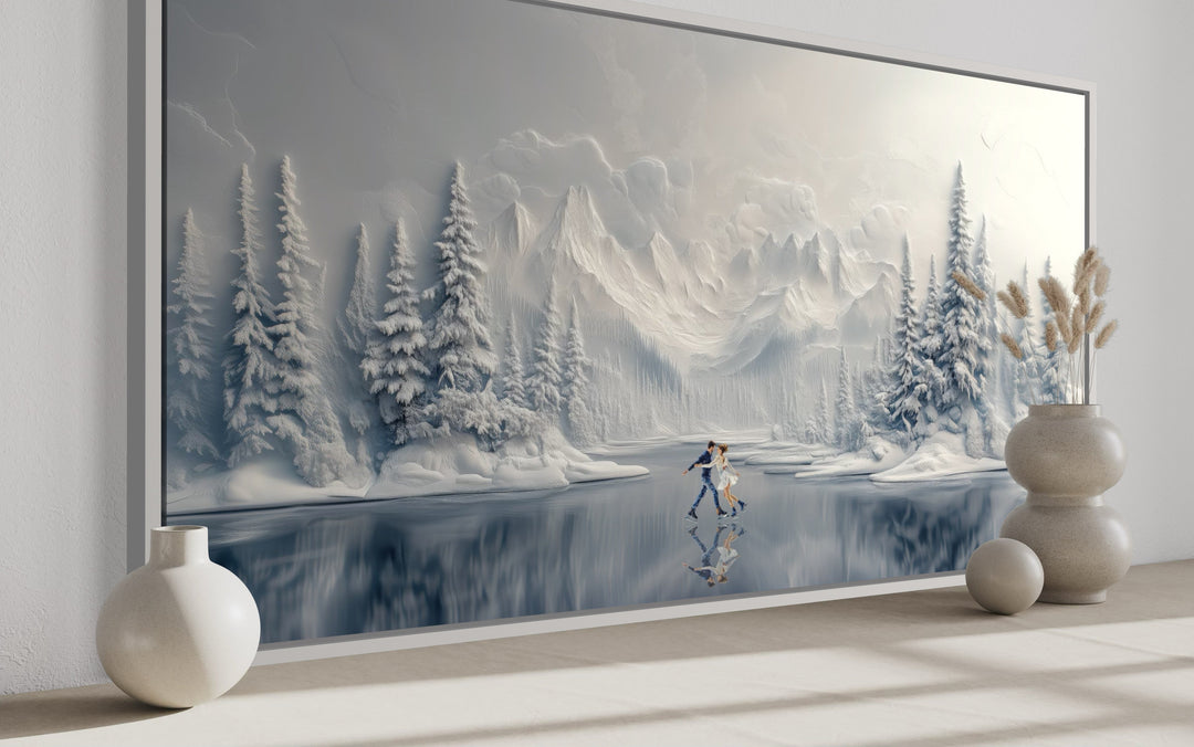 Man And Woman Skating On Frozen Lake Winter Framed Canvas Wall Art