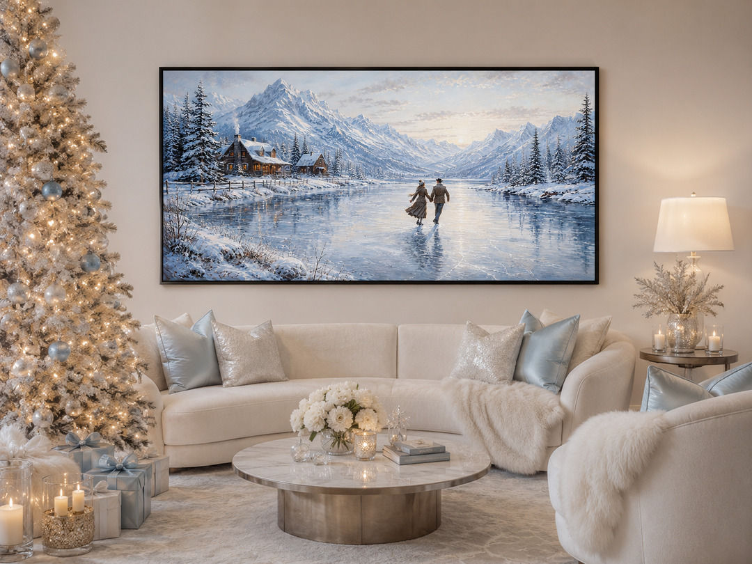 Framed canvas wall art of a man and woman skating on a frozen lake with snow-capped mountains.