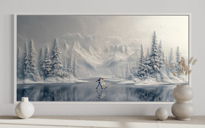 Man And Woman Skating On Frozen Lake Winter Framed Canvas Wall Art