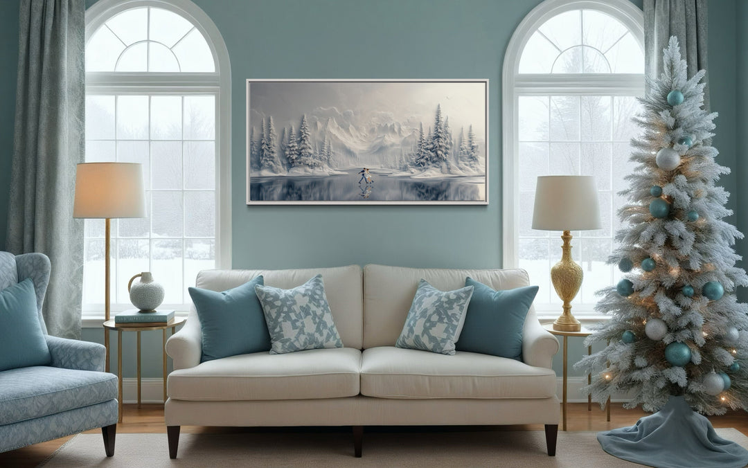 Man And Woman Skating On Frozen Lake Winter Framed Canvas Wall Art