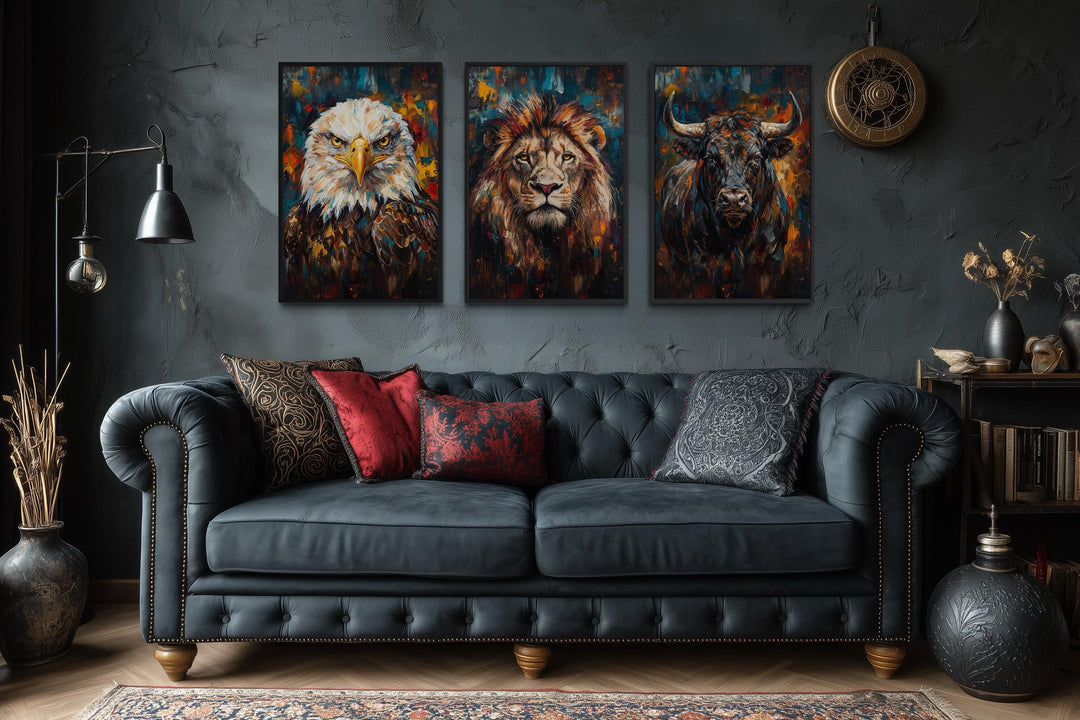 Man cave wall art set of 3 with eagle, lion, and bull canvas prints.