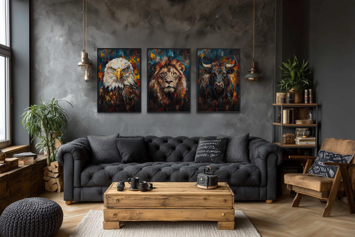 Man cave wall art set of 3 with eagle, lion, and bull prints.