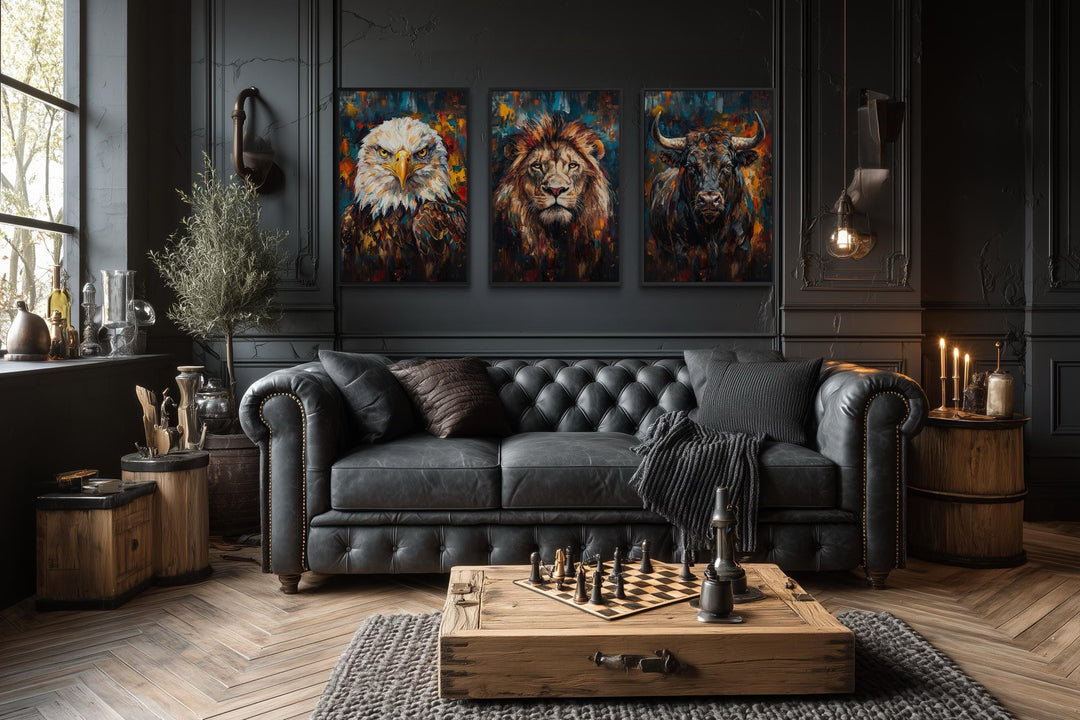 Set of 3 canvas prints featuring an eagle, lion, and bull.