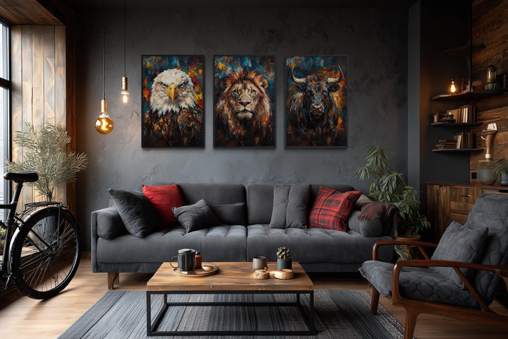 Man cave wall art set of 3 with eagle, lion, and bull prints.