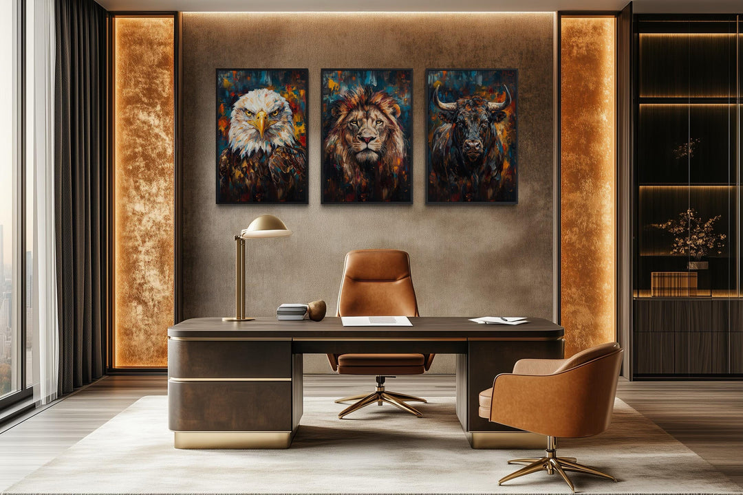 Man cave wall art set of 3 with eagle, lion, and bull prints.