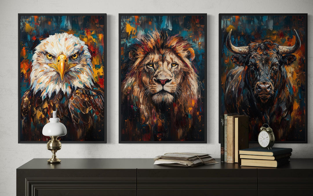 Set of 3 man cave wall art prints: eagle, lion, and bull.