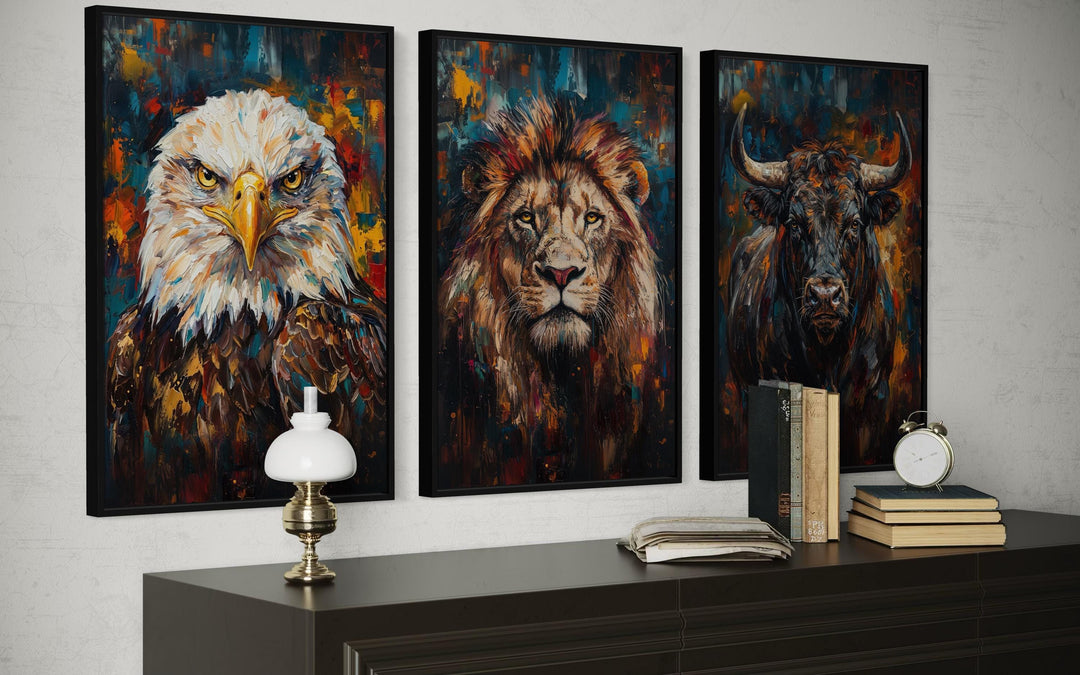 Man cave wall art set of 3 with eagle, lion, and bull prints.