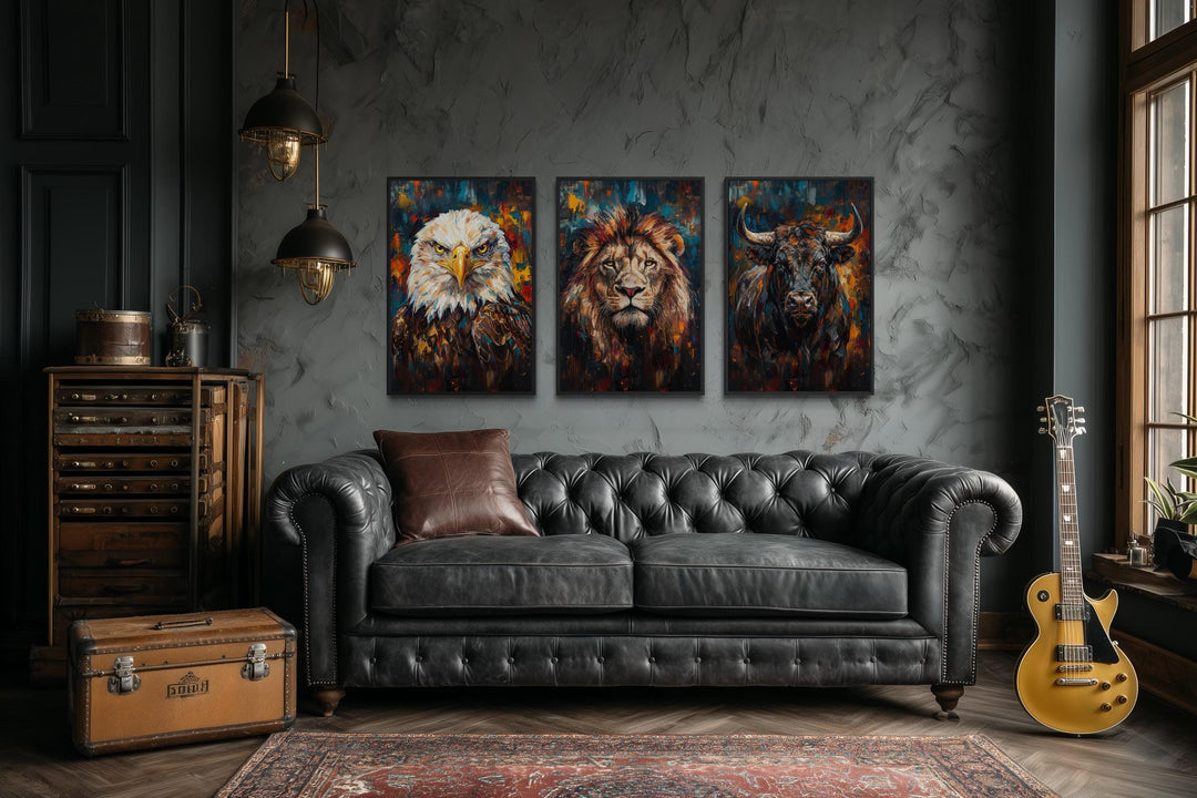 Man cave wall art set of 3 featuring an eagle, lion, and bull.