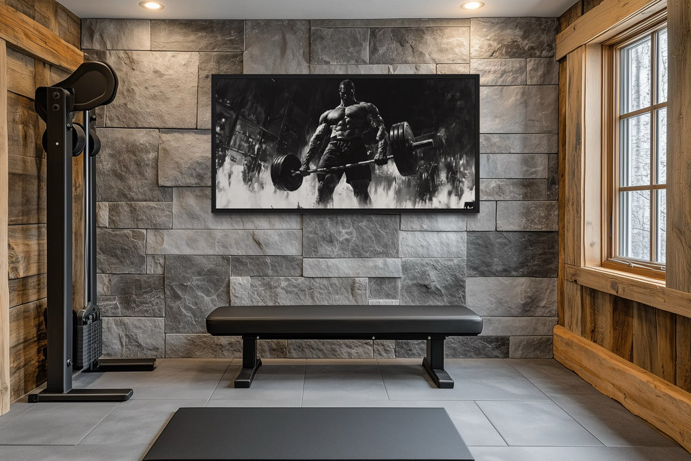 Man doing deadlift motivational black and white framed canvas wall art in a modern home gym.
