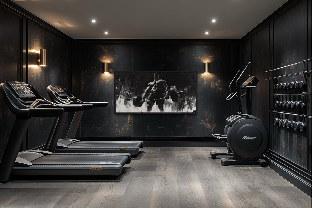 Black and white framed canvas wall art of a man doing a deadlift in a modern home gym.