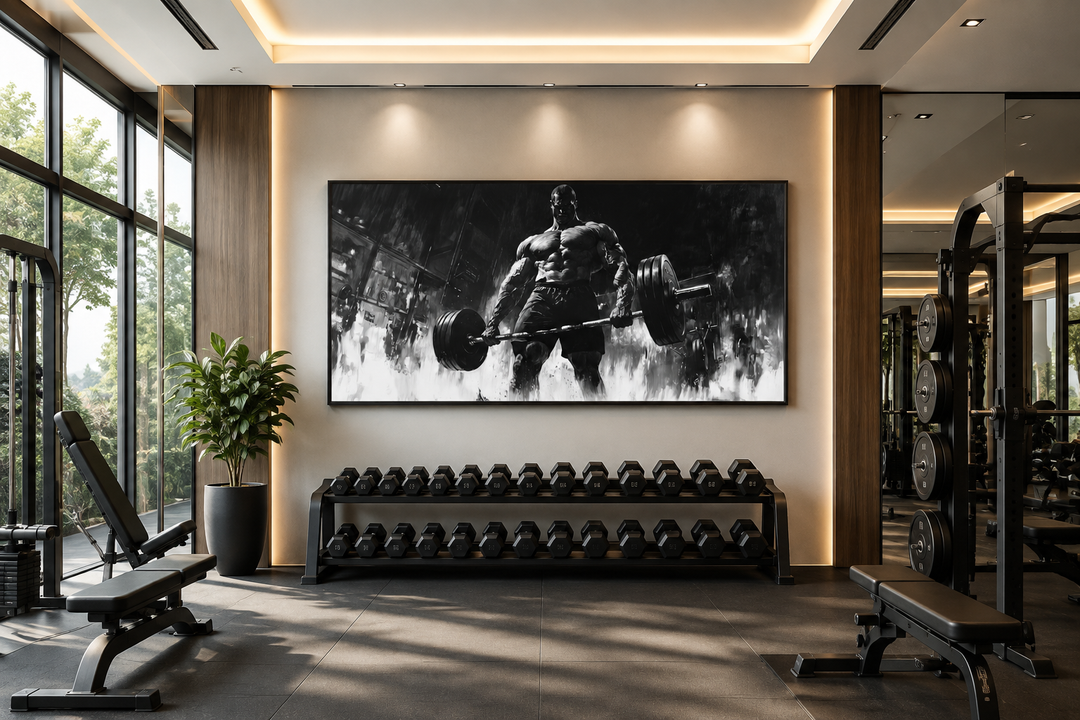 Black and white framed canvas wall art of a muscular man doing a deadlift in a modern gym setting.