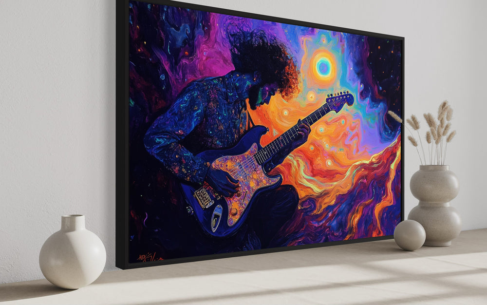 Man Playing Guitar Psychedelic Music Framed Canvas Wall Art side view