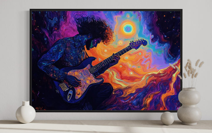 Man Playing Guitar Psychedelic Music Framed Canvas Wall Art